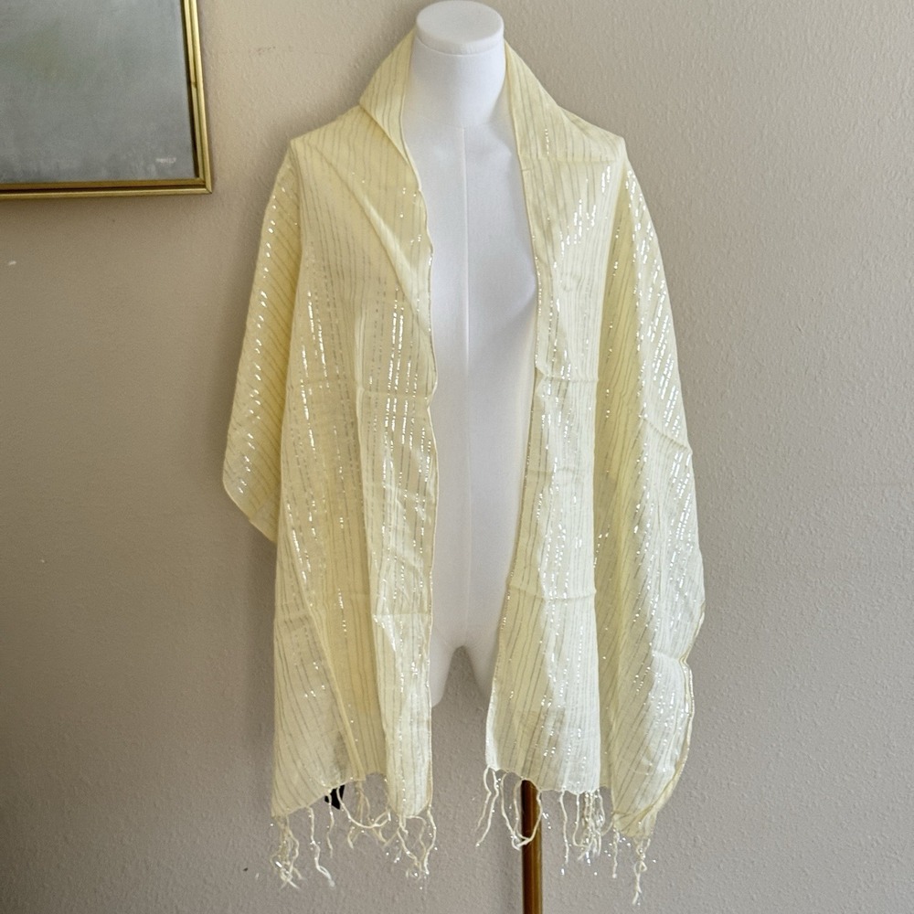 Boho Scarf Wrap Yellow Metallic Silver Cotton Fringe Festival Hippie India New - Picture 5 of 6
